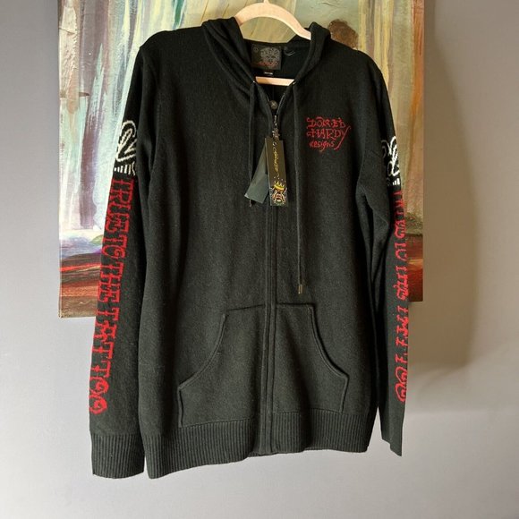 ED HARDY L Hooded Wool Blend Zip Knit Sweater Cardigan Scull LOVE KILLS SLOWLY - Picture 2 of 14